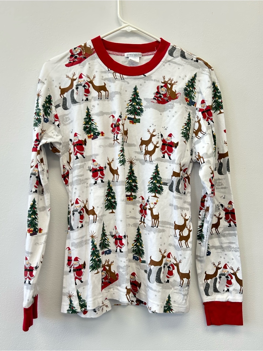Pottery Barn Kids White Long-Sleeve Holiday Pajamas Set with Red Trim